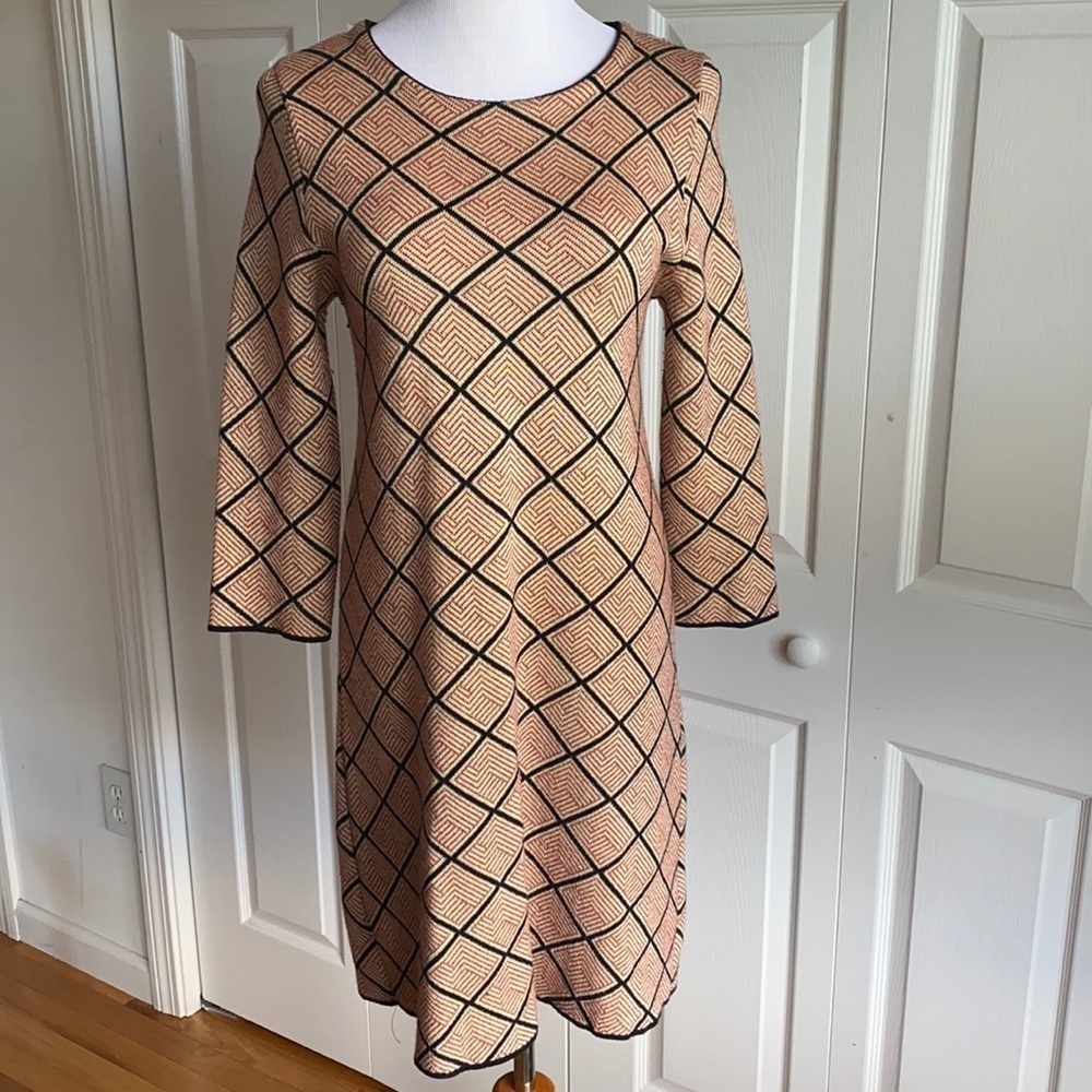 Zara Knit Red, Black & Tan Geometric Print Dress Size Medium